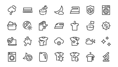  Basit çamaşır yıkama vektör çizgisi simgeleri seti. Çamaşır makinesi, toz, çamaşır, kirli tişört ve daha fazlası gibi ikonlar içerir. Beyaz arka planda, düzenlenebilir inme. 48x48 piksel mükemmel