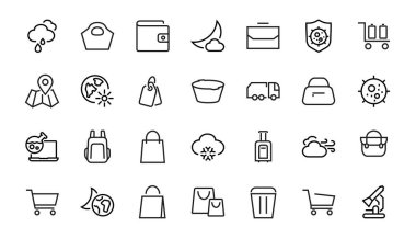 Basit bir çanta, alışveriş ve seyahat ikonları. Vektör illüstrasyonu kart, cüzdan, alışveriş sepeti, indirim, kase, paket gibi simgeler içerir. Beyaz arka planda, düzenlenebilir inme. 48x48 piksel.