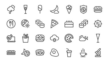   Vektör çizgisi ile ilgili basit bir fast food ikonu seti. Pizza, burger, suşi, bisiklet, çırpılmış yumurta ve daha fazlası gibi ikonlar içerir. Edilebilir felç. 480x480 piksel mükemmel, EPS 10