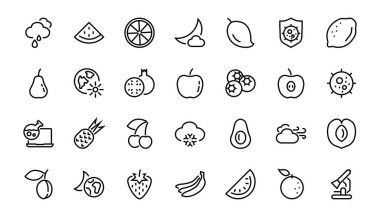 Meyve Simgesi Seti, Vektör satırları, elma, muz, kiraz, limon, karpuz, Avokado Düzenleme vuruşu, 48x48 piksel, beyaz arkaplan, 10
