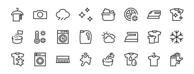 Basit çamaşır yıkama vektör çizgisi simgeleri seti. Çamaşır makinesi, toz, çamaşır, kirli tişört ve daha fazlası gibi ikonlar içerir. Beyaz arka planda, düzenlenebilir inme. 48x48 piksel mükemmel.