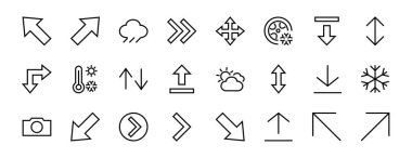 Satır okları, yönler, oklar, duraklama, devam, doğrudan sağa, düzenlenebilir vuruş gibi simgeler içerir. 480x480, Beyaz arkaplanda, Vektör illüstrasyonu.