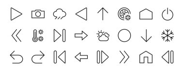 Satır okları, yönler, oklar, duraklama, devam, doğrudan sağa, düzenlenebilir vuruş gibi simgeler içerir. 480x480, Beyaz arkaplanda, Vektör illüstrasyonu.