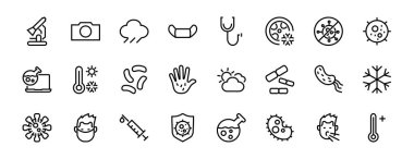 Coronavirus temasındaki bir dizi simge nükleasyon, el yıkama, maske, bakteri, hapşırma, düzenlenebilir felç gibi beyaz bir zemin üzerinde simgeler içerir..