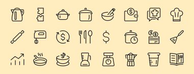Mutfak ve yemek pişirme ikonları, vektör çizgileri, bıçak, tencere, kaynama zamanı, mikser, tartı, yemek tarifi kitabı gibi ikonlar içerir. Düzenlenebilir vuruş, mükemmel 480x480 piksel, beyaz arkaplan