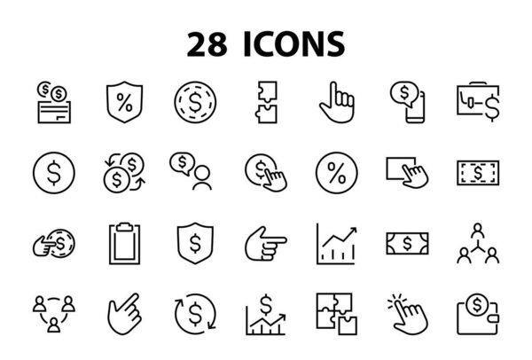 Set of business vector line icons. It contains user symbols, dollar pictograms, gears, briefcase, puzzles, envelope, percentage, messages, schedule, and more. Editable Bar 460x460 pixels