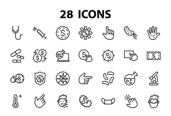 CORONAVIRUS a set of icons on the theme of Coronavirus, contains such icons as nucleation, hand washing, mask, bacteria, sneezing, Editable stroke, on a white background