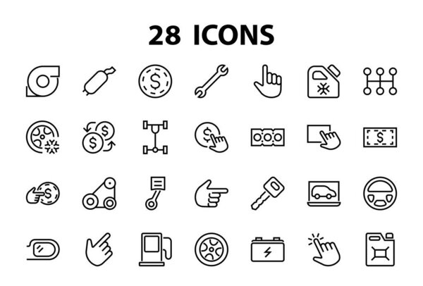 A simple set of car services related vector line icons. Contains icons such as oil, diagnostics, turbine, steering wheel, chassis, gearbox and much more. Editable move. 480x480 On a white background