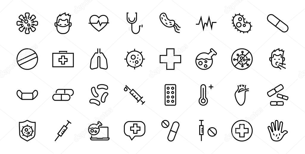 CORONAVIRUS a set of icons on the theme of Coronavirus, contains such icons as nucleation, hand washing, mask, bacteria, sneezing, Editable stroke, on a white background.