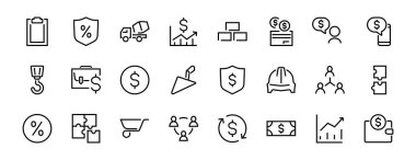 İş vektör çizgisi simgeleri. Kullanıcı sembolleri, dolar piktogramları, vitesler, evrak çantası, bulmacalar, zarf, yüzde, mesajlar, program ve daha fazlasını içeriyor. Düzenlenebilir Çubuk 460x460 piksel