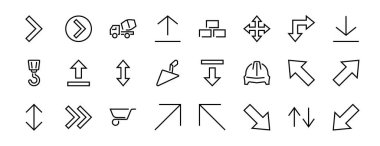Satır okları, yönler, oklar, duraklama, devam, doğrudan sağa, düzenlenebilir vuruş gibi simgeler içerir. 480x480, Beyaz arkaplanda, Vektör illüstrasyonu