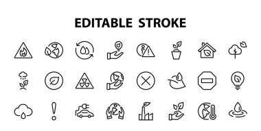 Ekoloji, vektör çizgileri temasındaki ikonlar arasında elektrikli araba, küresel ısınma, orman, eko, sulama bitkileri ve daha fazlası gibi ikonlar yer alıyor. Düzenlenebilir vuruş, beyaz arkaplan.