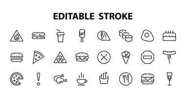   Vektör çizgisi ile ilgili basit bir fast food ikonu seti. Pizza, burger, suşi, bisiklet, çırpılmış yumurta ve daha fazlası gibi ikonlar içerir. Edilebilir felç. 480x480 piksel mükemmel, EPS 10