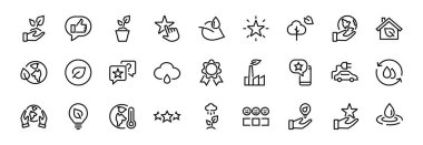 ECOLOGY simgeleri kümesi, vektör çizgileri, bir elektrikli araba, küresel ısınma, orman, eko, sulama bitkileri, bir bitki ve daha fazlası gibi ikonlar içerir. Düzenlenebilir vuruş, beyaz arkaplan.