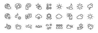 Hava durumu ikonları, hava tahmini ve bulutlar, rüzgar, yağmur, kar, hava durumu ve güneşli hava gibi ikonlar. Düzenlenebilir vuruş, basit vektör çizgileri