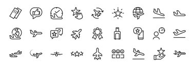  Basit bir havaalanı bağlantılı vektör çizgisi simgesi seti. Gidiş, kalkış, bekleme, biniş, bilet ve daha fazlası için bir yer bulmak gibi rozetler içeriyor. Düzenlenebilir felç. 48x48 piksel