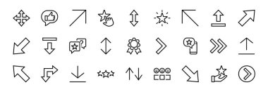 Satır okları, yönler, oklar, duraklama, devam, doğrudan sağa, düzenlenebilir vuruş gibi simgeler içerir. 480x480, Beyaz arkaplanda, Vektör illüstrasyonu