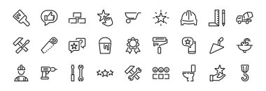 İnşaat ikonları, basit vektör çizgileri, şu ikonları içerir: inşaatçı, silindir, anahtarlı çekiç, tuvalet kabı ve daha fazlası. Düzenlenebilir felç. 48x48 piksel mükemmel, beyaz arkaplan.