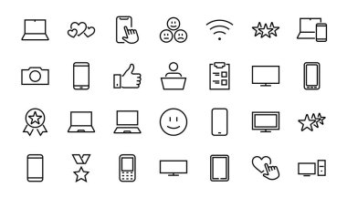  Akıllı cihazlar, cihazlar, bilgisayar donanımı ve elektronik aletler. Ağ ve mobil vektör çizgileri için elektronik aygıt simgeleri. Düzenlenebilir felç. 480x480 piksel