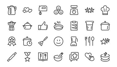 Mutfak ve yemek pişirme ikonları, vektör çizgileri, bıçak, tencere, kaynama zamanı, mikser, tartı, yemek tarifi kitabı gibi ikonlar içerir. Düzenlenebilir vuruş, mükemmel 480x480 piksel, beyaz arkaplan