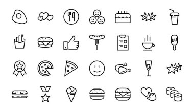   Vektör çizgisi ile ilgili basit bir fast food ikonu seti. Pizza, burger, suşi, bisiklet, çırpılmış yumurta ve daha fazlası gibi ikonlar içerir. Edilebilir felç. 480x480 piksel mükemmel, EPS 10