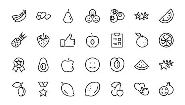 Meyve Simgesi Seti, Vektör satırları, elma, muz, kiraz, limon, karpuz, Avokado Düzenleme vuruşu, 48x48 piksel, beyaz arkaplan, 10