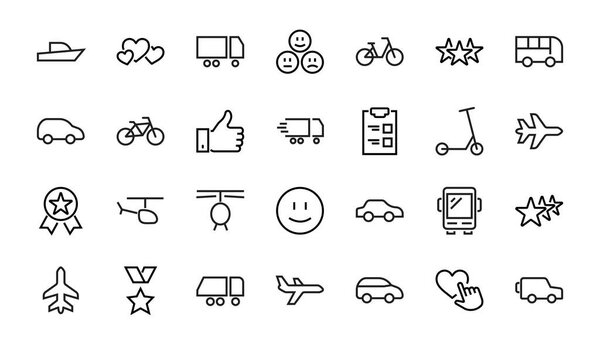 Набор значков векторных линий общественного транспорта. Содержит такие товары, как автобус, велосипед, чемодан, автомобиль, скутер, грузовик, транспорт, автобус-тролли, парусник, моторная лодка, самолет и многое другое. Штрих к таблице.