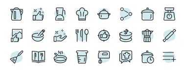 Mutfak ve yemek pişirme ikonları, vektör çizgileri, bıçak, tencere, kaynama zamanı, mikser, tartı, yemek tarifi kitabı gibi ikonlar içerir. Düzenlenebilir vuruş, mükemmel 480x480 piksel, beyaz arkaplan