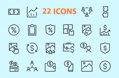 İş vektör çizgisi simgeleri. Kullanıcı sembolleri, dolar piktogramları, vitesler, evrak çantası, bulmacalar, zarf, yüzde, mesajlar, program ve daha fazlasını içeriyor. Düzenlenebilir Çubuk 460x460 piksel