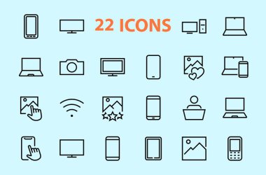  Akıllı cihazlar, cihazlar, bilgisayar donanımı ve elektronik aletler. Ağ ve mobil vektör çizgileri için elektronik aygıt simgeleri. Düzenlenebilir felç. 480x480 piksel