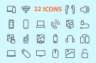 Akıllı cihazlar, cihazlar, bilgisayar donanımı ve elektronik aletler. Ağ ve mobil vektör çizgileri için elektronik aygıtlar simgeleri. Bilgisayar, telefon. Düzenlenebilir felç. 48x48 piksel