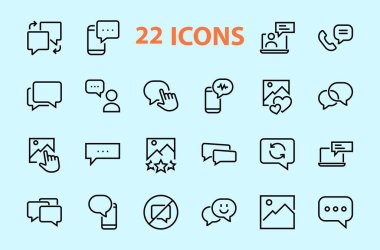 Mesaj çizgisi vektör çizgisi simgelerinin basit bir kümesi. Sohbet, SMS, bildirimler, grup sohbeti ve daha fazlası gibi simgeler içerir. Düzenlenebilir felç. 48x48 piksel mükemmel, beyaz arkaplan