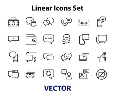 Mesaj çizgisi vektör çizgisi simgelerinin basit bir kümesi. Sohbet, SMS, bildirimler, grup sohbeti ve daha fazlası gibi simgeler içerir. Düzenlenebilir felç. 48x48 piksel mükemmel, beyaz arkaplan