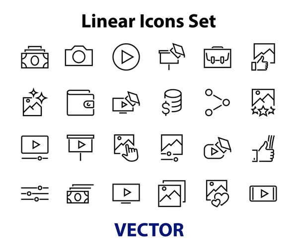 Conjunto Ícones Linha Vetorial Galeria Imagens Contém Ícones Como Vídeo — Vetor de Stock