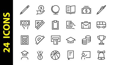 Basit bir okul eşyası seti. Öğrenci, ödül, coğrafya, beden eğitimi, geometri ve daha fazlası gibi ikonlar içerir. Beyaz arka planda. Düzenlenebilir felç. 480x480