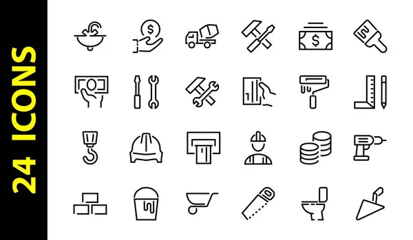 Set of construction icons, simple vector lines, contains the following icons builder, roller, hammer with wrench, toilet bowl and much more. Editable stroke. 48x48 pixels perfect, white background — Stock Vector