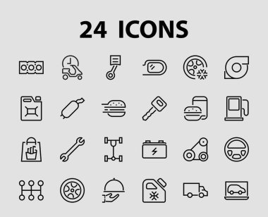 Basit bir araba servisi vektör çizgisi simgesi seti. Yağ, tanı, türbin, direksiyon, şasi, vites kutusu gibi ikonlar içerir. Düzenlenebilir hareket. 480x480 Beyaz bir arkaplanda