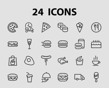   Vektör çizgisi ile ilgili basit bir fast food ikonu seti. Pizza, burger, suşi, bisiklet, çırpılmış yumurta ve daha fazlası gibi ikonlar içerir. Edilebilir felç. 480x480 piksel mükemmel, EPS 10