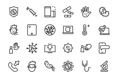 Coronavirüs temasındaki CORONAVIRUS simgeleri, antiseptik, el yıkama, maske, bakteri, hapşırma, sıcaklık düzenlenebilir felç, vektör çizimi gibi simgeler içerir.,