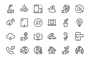 ECOLOGY simgeleri kümesi, vektör çizgileri, bir elektrikli araba, küresel ısınma, orman, eko, sulama bitkileri, bir bitki ve daha fazlası gibi ikonlar içerir. Düzenlenebilir vuruş, beyaz arkaplan.