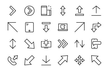 Satır okları, yönler, oklar, duraklama, devam, doğrudan sağa, düzenlenebilir vuruş gibi simgeler içerir. 480x480, Beyaz arkaplanda, Vektör illüstrasyonu.