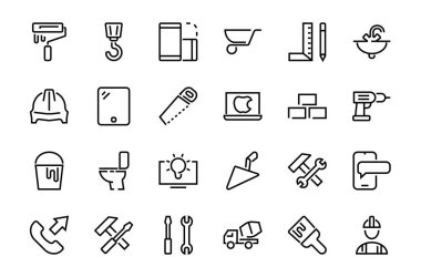 İnşaat ikonları, basit vektör çizgileri, şu ikonları içerir: inşaatçı, silindir, anahtarlı çekiç, tuvalet kabı ve daha fazlası. Düzenlenebilir felç. 48x48 piksel mükemmel, beyaz arkaplan.