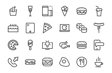 Vektör çizgisi ile ilgili basit bir fast food ikonu seti. Pizza, burger, suşi, bisiklet, çırpılmış yumurta ve daha fazlası gibi ikonlar içerir. Edilebilir felç. 480x480 piksel mükemmel, EPS 10.