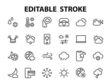 Hava durumu ikonları, hava tahmini ve bulutlar, rüzgar, yağmur, kar, hava durumu ve güneşli hava gibi ikonlar. Düzenlenebilir vuruş, basit vektör çizgileri.