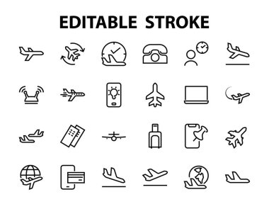 Basit bir havaalanı bağlantılı vektör çizgisi simgesi seti. Gidiş, kalkış, bekleme, biniş, bilet ve daha fazlası için bir yer bulmak gibi rozetler içeriyor. Düzenlenebilir felç. 48x48 piksel.