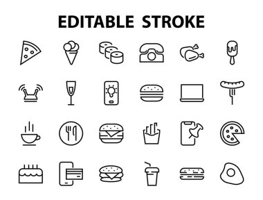 Vektör çizgisi ile ilgili basit bir fast food ikonu seti. Pizza, burger, suşi, bisiklet, çırpılmış yumurta ve daha fazlası gibi ikonlar içerir. Edilebilir felç. 480x480 piksel mükemmel, EPS 10.