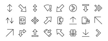 Satır okları, yönler, oklar, duraklama, devam, doğrudan sağa, düzenlenebilir vuruş gibi simgeler içerir. 480x480, Beyaz arkaplanda, Vektör illüstrasyonu.