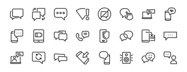 Mesaj çizgisi vektör çizgisi simgelerinin basit bir kümesi. Sohbet, SMS, bildirimler, grup sohbeti ve daha fazlası gibi simgeler içerir. Düzenlenebilir felç. 48x48 piksel mükemmel, beyaz arkaplan.