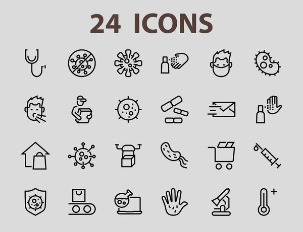 CORONAVIRUS set of icons on the theme of coronavirus, contains icons such as antiseptic, hand washing, mask, bacteria, sneezing, temperature Editable stroke, Vector illustration,