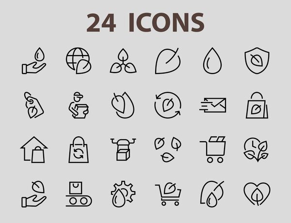 Ecology Icon Set, Vector lines, contains icons such as photosynthesis, Enviroment protection, Eco-friendly package, growth time, Editable stroke, perfect 48x48 pixels, White background.